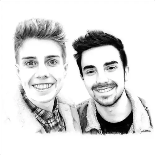 Smiling Young Couple in Casual Outfits Pencil portrait of two young men smiling side by side, shown from the shoulders up with soft shading and natural expressions.