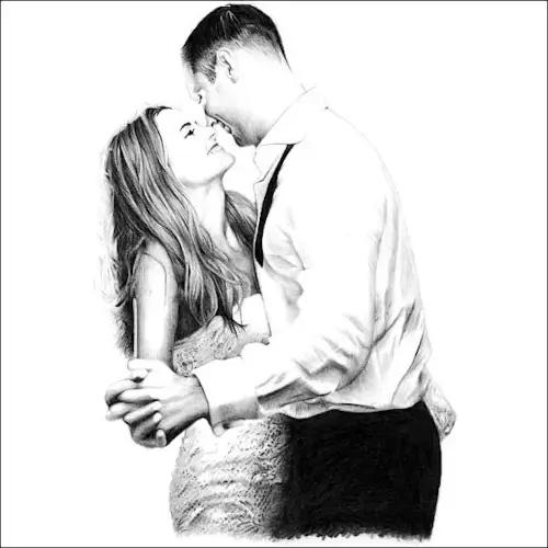 Couple Dancing in an Intimate Embrace Pencil portrait of a couple embracing and smiling closely, shown in a relaxed pose with detailed shading and natural expression.