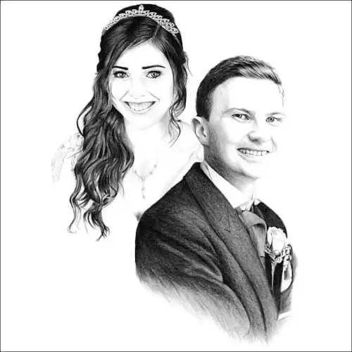 Pencil Portrait of a Smiling Bride and Groom Pencil portrait of a smiling bride and groom, bride wearing a tiara behind the groom in a suit, finely shaded with lifelike detail.