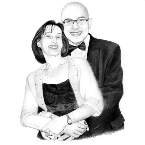 Pencil Portrait of a Joyful Couple Pencil portrait of a smiling couple in formal dress, the man embracing the woman from behind, captured with lifelike details.