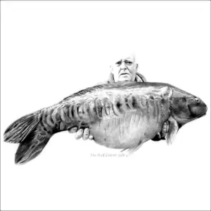 Portraits Detailed Pencil Drawing of an Angler Holding a Large Carp