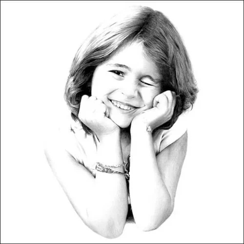 Charming Pencil Portrait of a Smiling Girl Mid-Wink Pencil portrait of a smiling young girl winking, chin resting on her hands, softly shaded with fine detail and natural expression.