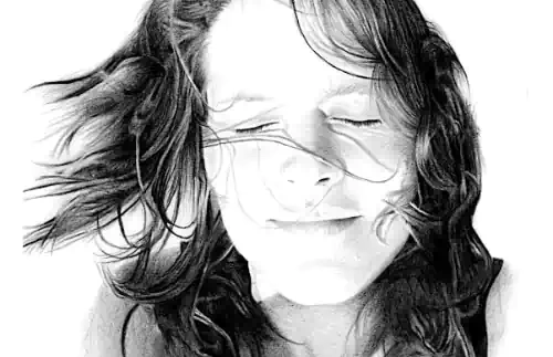 Price. Drawing of a smiling girl with eyes closed and windblown hair.