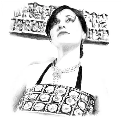 Pencil portrait of an elegant woman in a patterned dress and necklace, gazing upward with a thoughtful expression and soft shading.