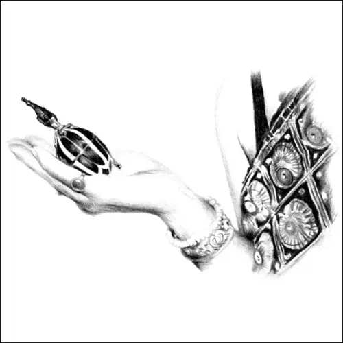 Realistic pencil drawing of a hand holding an ornate perfume bottle, with detailed jewellery and patterned fabric visible nearby.
