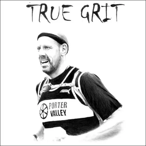 Realistic pencil portrait of an endurance runner wearing a cap and race vest, with “True Grit” text above, capturing effort and resolve.