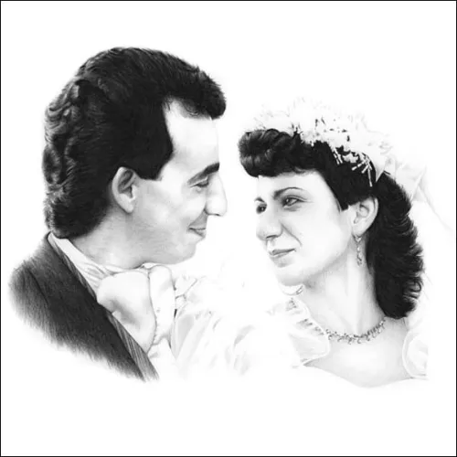 A Drawing of Bride and Groom Looking into each others Eyes and Smiling