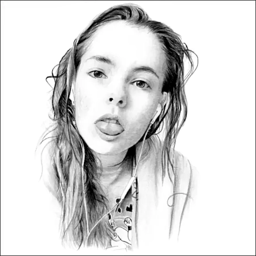 Drawing of a Girl with Ear Buds as She sticks out her tongue Pencil Portraits: A lively and characterful pencil portrait of a young girl, captured mid-expression as she playfully sticks out her tongue while looking directly at the viewer.