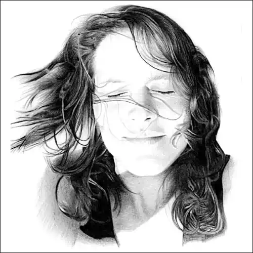 Price Price. Drawing of a smiling girl with eyes closed and windblown hair.